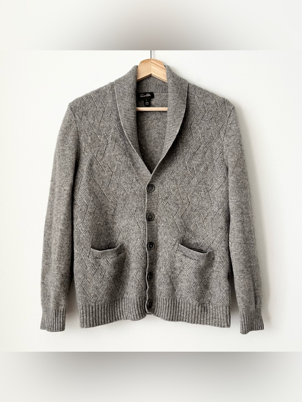 Tasso Elba Men's Gray Diamond Knit Cashmere Cardigan Sweater Size L Shawl Collar